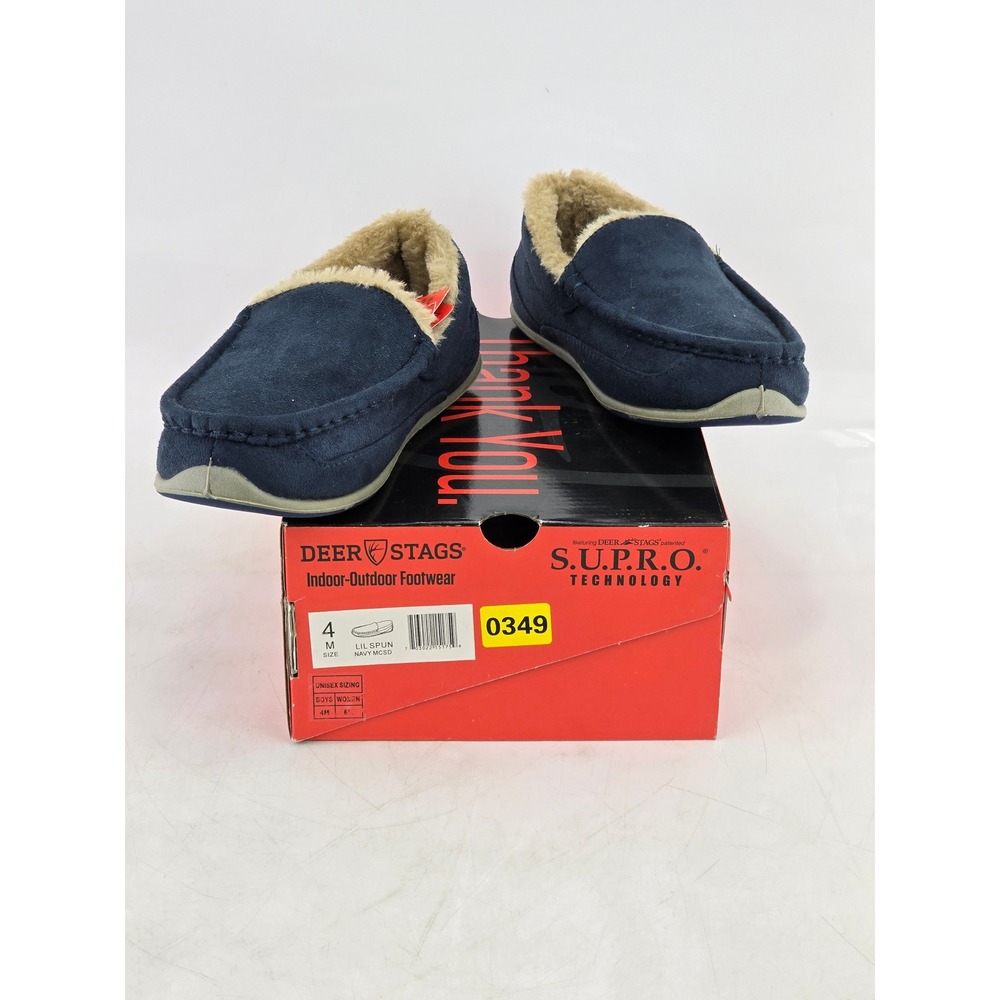 Deer Stags Lil Spun Slipperqz Boys Size 4 Navy Blue Moccasin Slippers - New